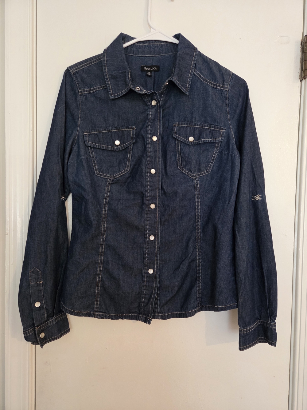 New Look Size Medium Cotton Denim Snap Front Western Shirt Roll Tab Sleeve Blue